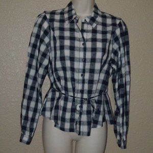 NWT $286 The Great. Black White Plaid Heart Detail Tie Long Sleeve Blouse